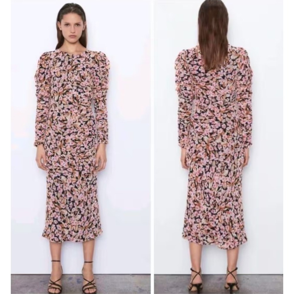Zara Pink Floral Print Ruched Midi Dress Long Sleeve Mesh Overlay Multicolor M